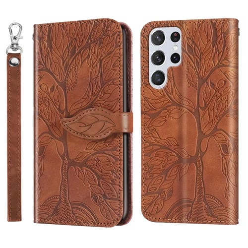 Para Samsung Galaxy S23 Ultra 5G Life Tree Relieve Patrón Funda de cuero para teléfono (marrón)