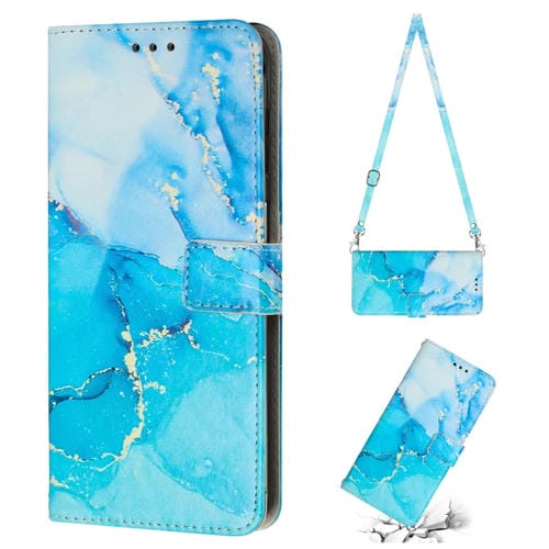 Para Tecno Spark 9T Crossbody Funda de teléfono de cuero con patrón de mármol pintado (azul verde)