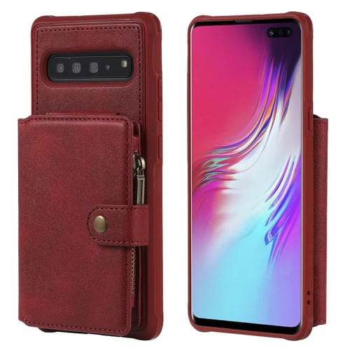 Estuche Protector Galaxy S10 5G a Prueba de Golpes con Cremallera Ranuras Tarjetas Soporte Fotos Función Billetera (Rojo)