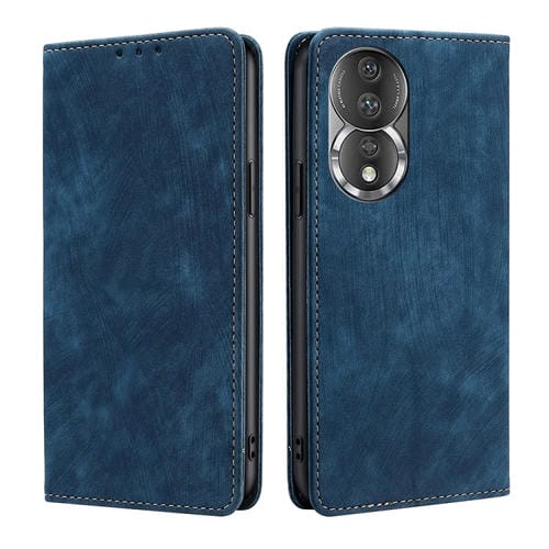 Para Honor 80 RFID Funda de teléfono de cuero magnético con cepillo antirrobo (Azul)