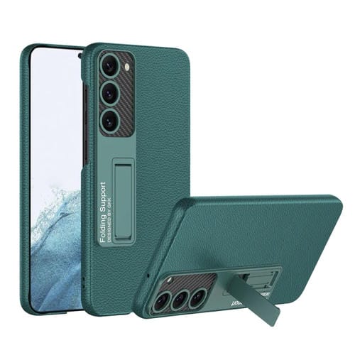 Para Samsung Galaxy S23+ 5G GKK Funda de teléfono a prueba de golpes de cuero liso con soporte (verde bosque)