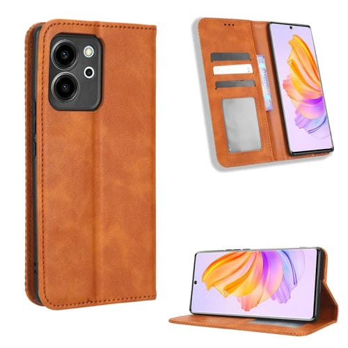Funda de Cuero para Honor 80 Se 5G con Hebilla Magnética y Textura Retro (Marrón)