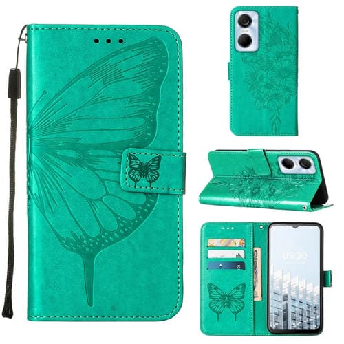 Funda de Cuero para Tecno Pop 6 Pro con Tapa de Mariposa en Relieve (Verde)