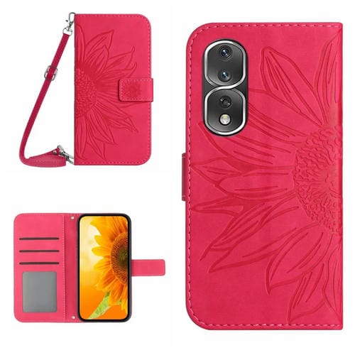 Funda de Cuero para Honor 80 Pro HT04 con Tapa en Relieve y Cordón (Rosa Roja)