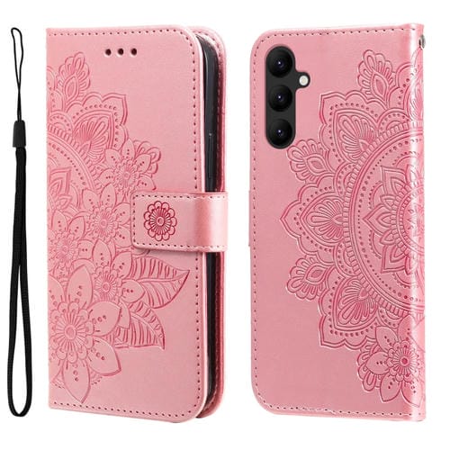 Estuche para Teléfono Samsung Galaxy A24 4G Cuero Estampado Flores 7 Pétalos (Oro Rosa)