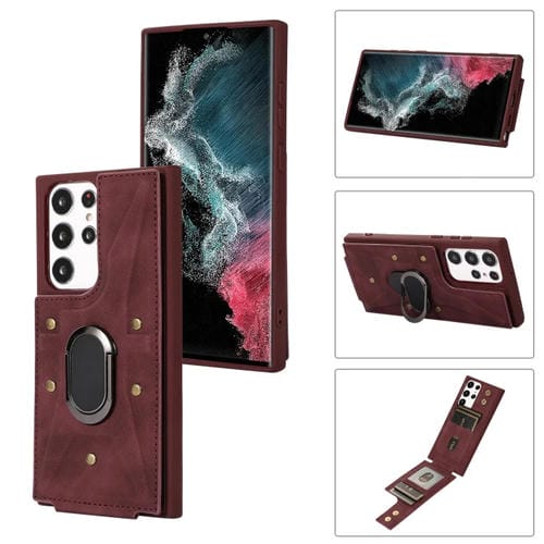 Para Samsung Galaxy S23 Ultra 5G Armor Ring Wallet Funda trasera para teléfono (rojo vino)