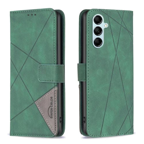 Para Samsung Galaxy M14 5G Hebilla magnética Rombo Textura Funda de cuero para teléfono (Verde)
