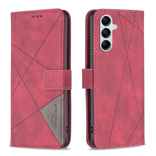 Para Samsung Galaxy M14 5G Hebilla magnética Rombo Textura Funda de cuero para teléfono (Rojo)