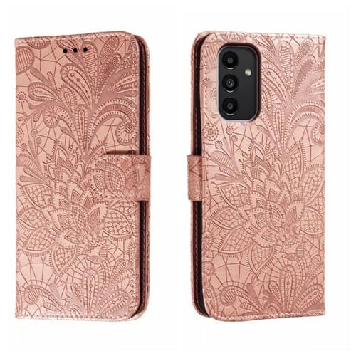 Para Samsung Galaxy A14 4G Flor de encaje en relieve Flip Funda de cuero para teléfono (Oro rosa)