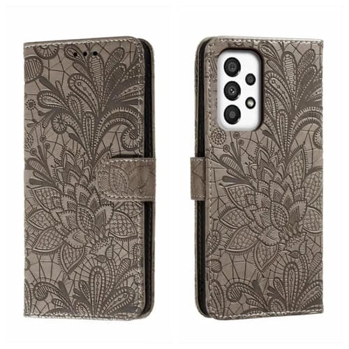 Para Samsung Galaxy A34 5G Flor de encaje en relieve Flip Funda de cuero para teléfono (Gris)