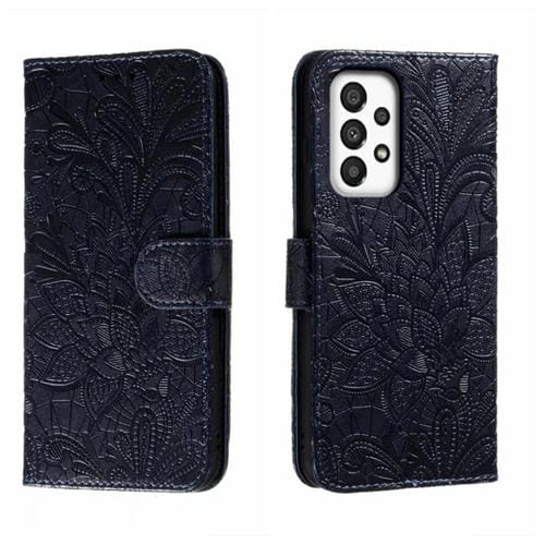 Para Samsung Galaxy A34 5G Lace Flower Relieve Funda de cuero con tapa para teléfono (Azul oscuro)