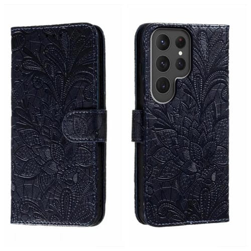 Para Samsung Galaxy S23 Ultra 5G Lace Flower Relieve Flip Funda de cuero para teléfono (Azul oscuro)