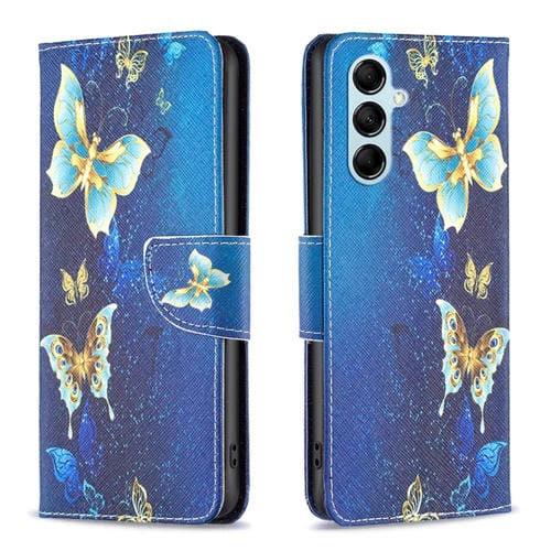Para Samsung Galaxy M14 5G Estuche para teléfono de cuero con dibujo coloreado (mariposa dorada)