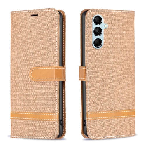 Para Samsung Galaxy M14 5G Color Block Denim Texture Leather Phone Case (marrĂłn)