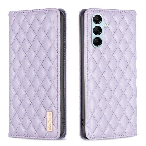 Para Samsung Galaxy M14 5G Diamond Lattice Magnetic Leather Flip Phone Case (Púrpura)
