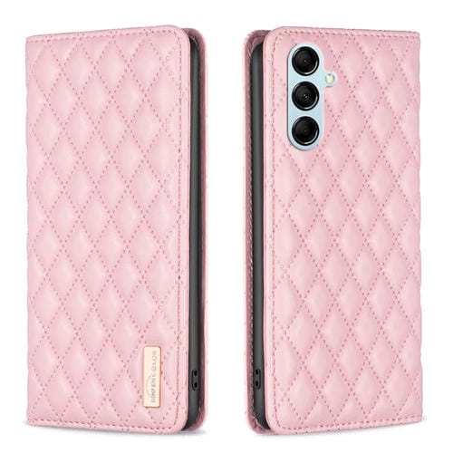 Para Samsung Galaxy M14 5G Diamond Lattice Funda de teléfono con tapa de cuero magnético (rosa)