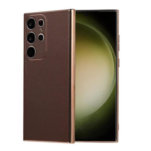 Para Samsung Galaxy S23 Ultra 5G de cuero genuino Xiaoya Series Nano Plating Phone Case (Café)