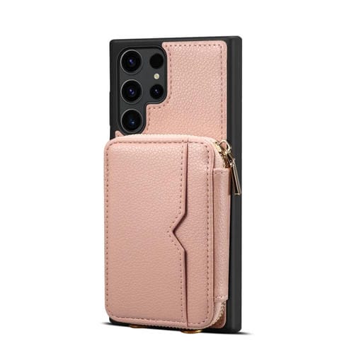 Para Samsung Galaxy S22 Ultra 5G Estuche para teléfono con ranura para tarjeta con cremallera (rosa)
