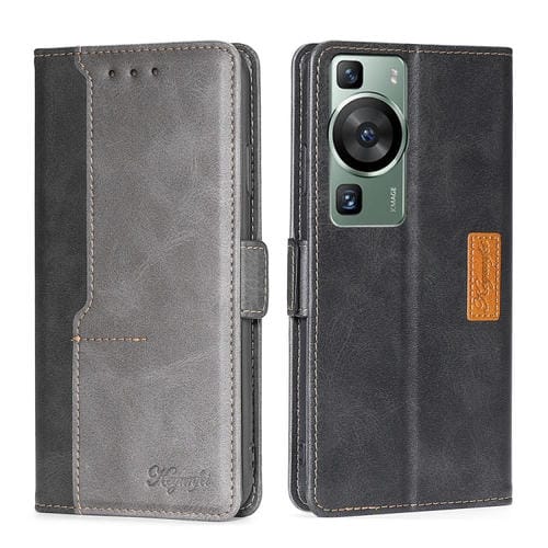 Funda de Cuero para Huawei P60 y P60 Pro con Hebilla Lateral y Color en Contraste (Negro + Gris)