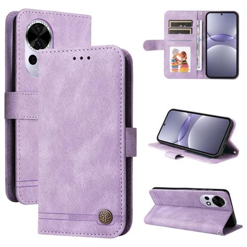 Funda de Cuero Huawei Nova 13/Nova 12 con Botones de Metal y Árbol de la Vida (Morado)