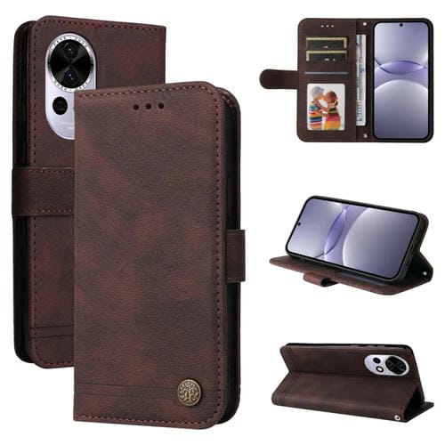 Funda de Cuero con Botones de Metal y Diseño Árbol de la Vida para Huawei Nova 13/Nova 12 (Marrón)