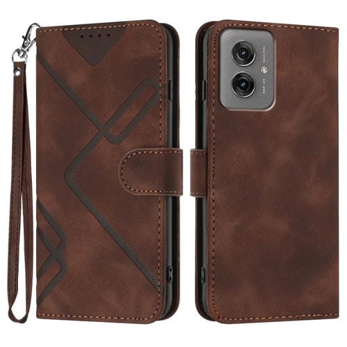 Funda de Cuero para Motorola Moto G55 con Diseño de Líneas y Tacto Suave (Café)