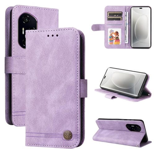 Funda de Cuero para Honor 300 Pro con Botones de Metal y Diseño Árbol de la Vida (Morado)