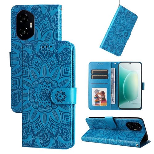 Funda de Cuero Honor 300 con Estampado de Girasoles en Relieve (Azul)