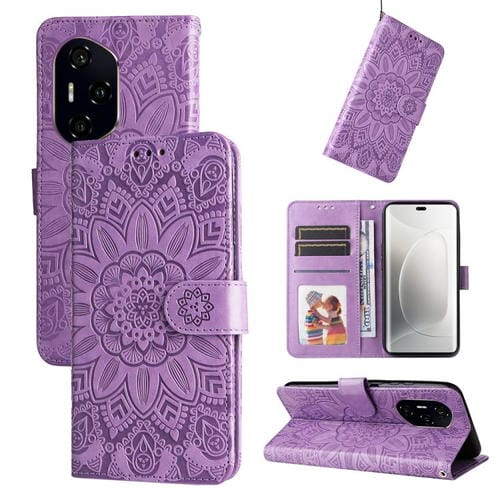 Funda de Cuero con Relieve de Girasol para Honor 300 Ultra (Morado)