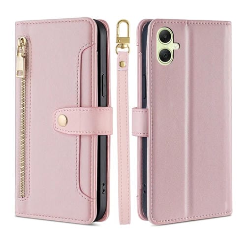 Funda de Cuero Samsung Galaxy A05 4G Lite con Billetera, Cremallera y Textura de Oveja (Rosa)