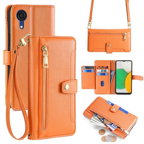Funda de Cuero Samsung Galaxy A03 Core Sheep Texture con Billetera Cremallera y Cuerpo Cruzado (Naranja)