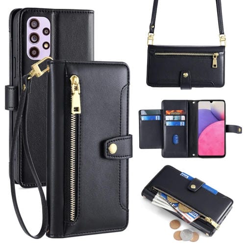 Funda de Cuero Samsung Galaxy A33 5G con Billetera, Cremallera y Cuerpo Cruzado (Negro)