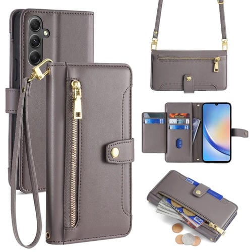 Funda para teléfono Samsung Galaxy A34 5G cuero con billetera cremallera cuerpo cruzado textura de oveja (Gris)