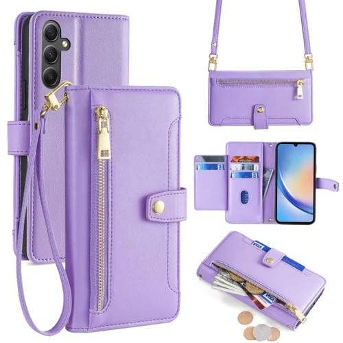 Funda para Samsung Galaxy A34 5G Cuero con Billetera Cremallera Cuerpo Cruzado Textura Oveja (Púrpura)