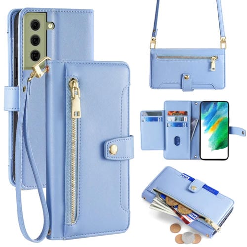 Funda para Samsung Galaxy S21 FE 5G Lite Cuero con Billetera Cremallera Cuerpo Cruzado Textura de Oveja (Azul)