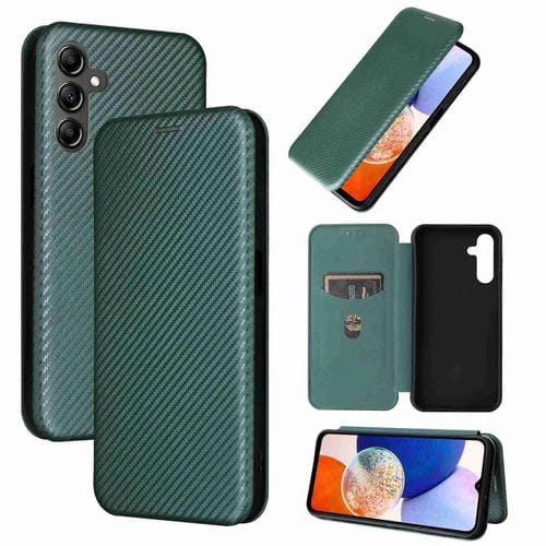 Funda de Cuero para Samsung Galaxy A15 con Tapa y Textura de Fibra de Carbono (Verde)