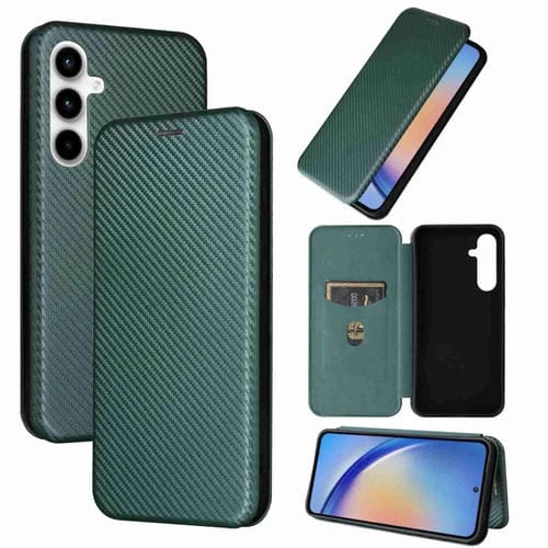 Funda de Cuero para Samsung Galaxy A35 5G con Tapa y Textura de Fibra de Carbono (Verde)