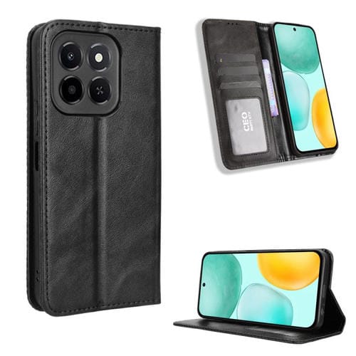 Funda de cuero con textura retro y hebilla magnética para Honor X6c 4G (negra)