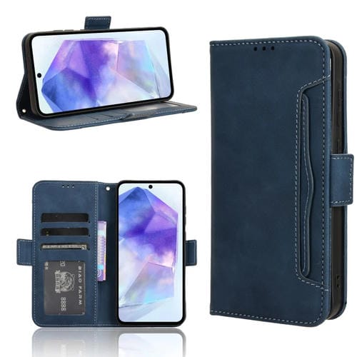 Funda de Cuero Samsung Galaxy A35 5G Skin Feel Becerro Textura Ranuras para Tarjetas (Azul)