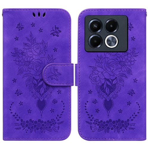 Funda de Cuero con Relieve Mariposa y Rosa para Infinix Note 40 5G (Morado)