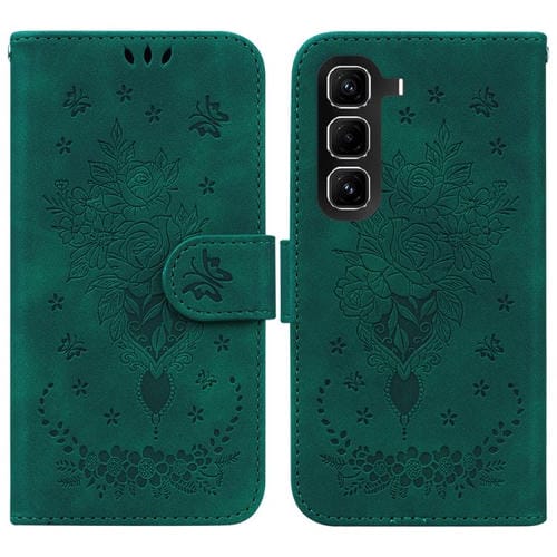 Funda de cuero con relieve de mariposa y rosa para Infinix Hot 50 Pro 4G (verde)