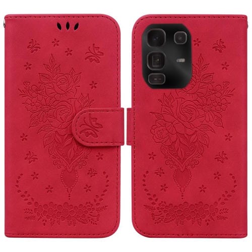 Funda de cuero con relieve de mariposa y rosa para Infinix Note 50 Pro+ (roja)