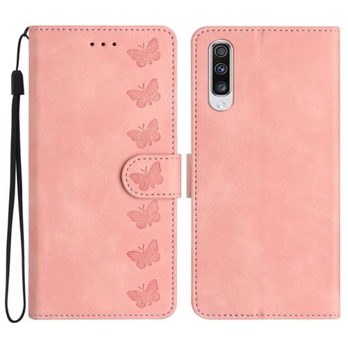 Caja de Teléfono Samsung Galaxy A50 Seven Butterflies Cuero En Relieve (Rosa)