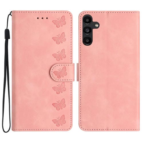 Funda de Cuero Samsung Galaxy A35 5G con Relieve de Siete Mariposas (Rosa)