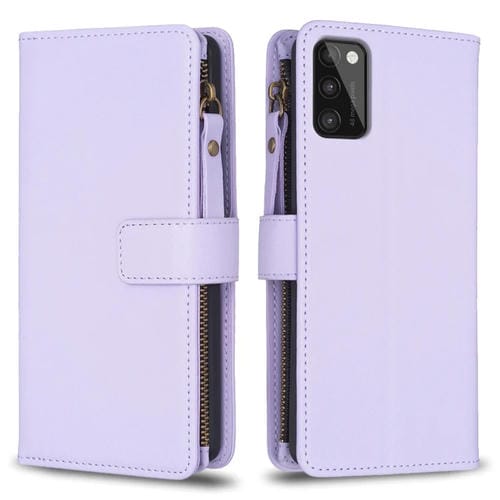 Para Samsung Galaxy A41 9 Ranuras para tarjetas Cremallera Cartera Funda de cuero con tapa para teléfono (Morado claro)