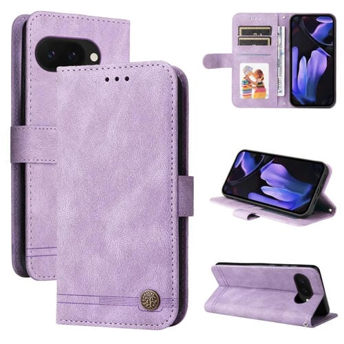Funda de Cuero para Google Pixel 9A con Botones de Metal y Diseño Árbol de la Vida (Morado)