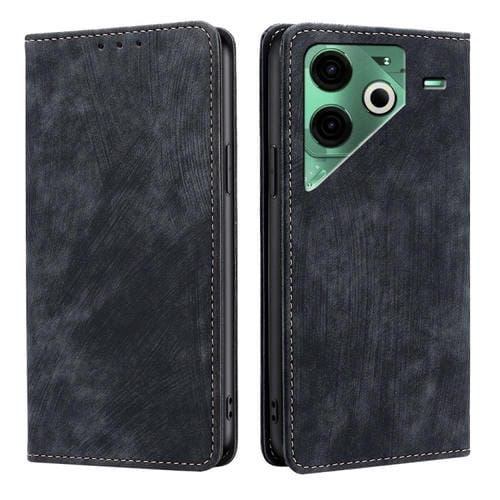 Funda de Cuero Magnética con Cepillo Antirrobo RFID para Tecno Pova 6 Neo 4G (Negro)