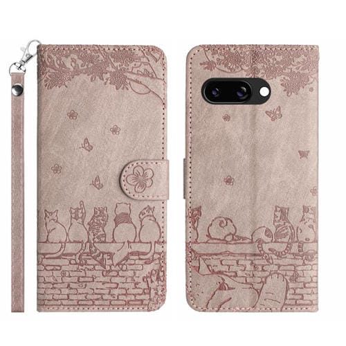 Funda de Cuero con Estampado de Gato y Cordón para Google Pixel 9A (Gris)