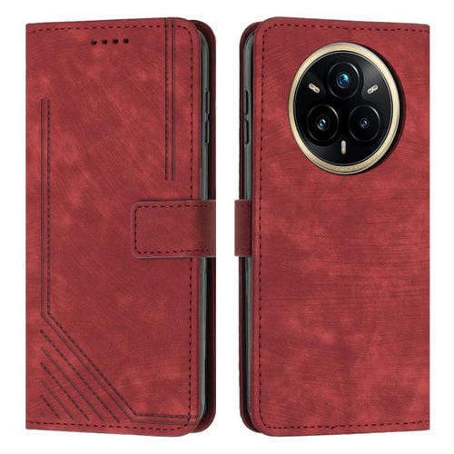 Funda de Cuero con Estampado de Rayas y Cordón para Realme 14 Pro+ (Roja)