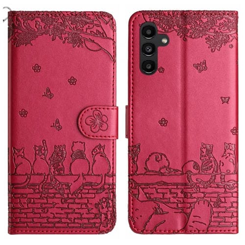 Funda de Cuero Samsung Galaxy A55 Estampado de Gato con Cordón (Rojo)